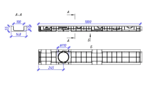 Лоток водоотводный пластиковый Aquastok Norma 100 Н55 класс нагрузки С250 1000х148х55 (11005)