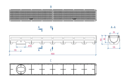 Лоток Аquastok AQUA-TOP с пластиковой решеткой (комплект) H100, класс нагрузки А, 1000х135х100 (1092)