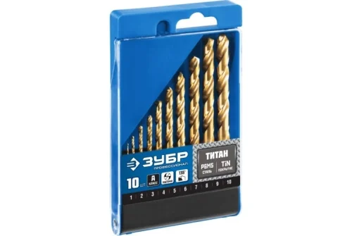 Набор сверл по металлу Зубр Профессионал (1-10мм) Титан, сталь Р6М5 10шт бокс (29615-H10)